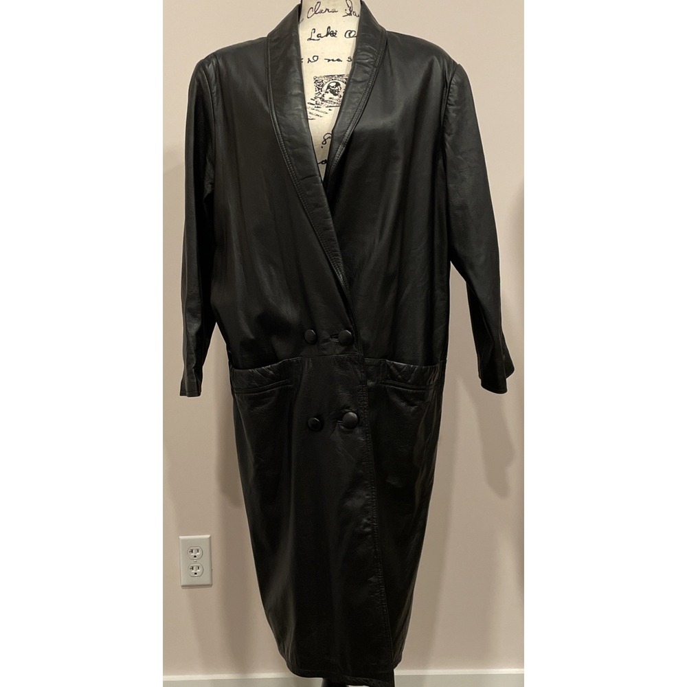 Vintage 80s Womens Black Leather Coat Double Breasted Shoulder Pads M Petite